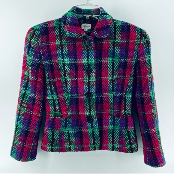 Neiman Marcus Vintage Wool Tweed Woven Purple, Pink & Green Blazer Jacket Size 8 - Picture 1 of 11